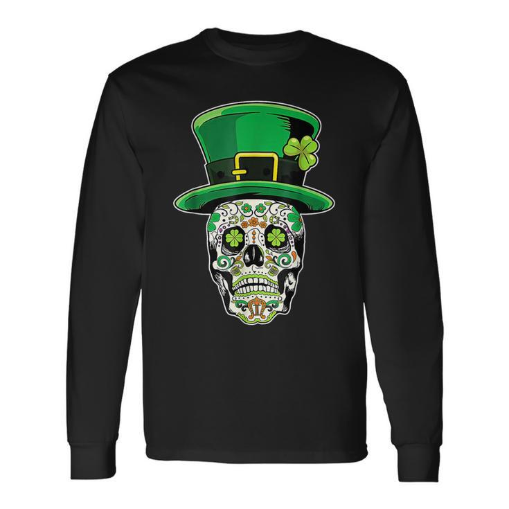 Lucky St Patricks Day Green Irish Shamrock Skull Cap Long Sleeve T-Shirt