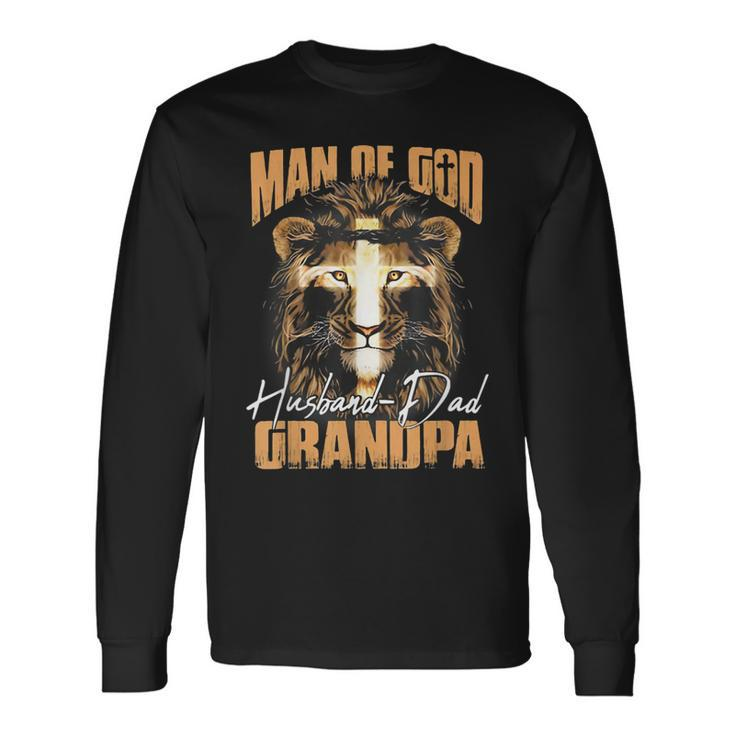 Man Of God Lion Husband Dad Grandpa Christian Fathers Day Long Sleeve T-Shirt