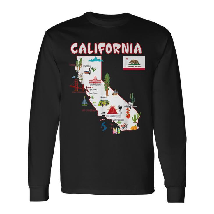 Map Of California Landmarks Major Cities Flag Long Sleeve T-Shirt T-Shirt