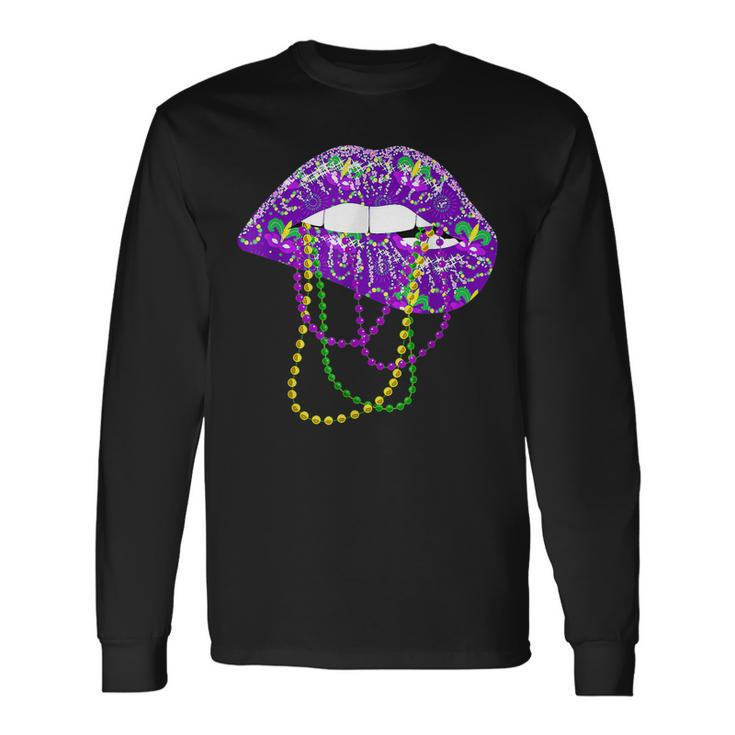 Mardi Gras Carnival Costume Purple & Gold Fleur De Lis Lips V2 Long Sleeve T-Shirt