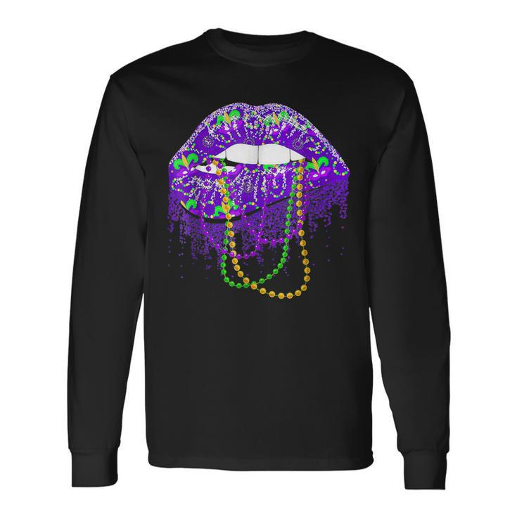 Mardi Gras Carnival Costume Purple & Gold Fleur De Lis Lips V5 Long Sleeve T-Shirt