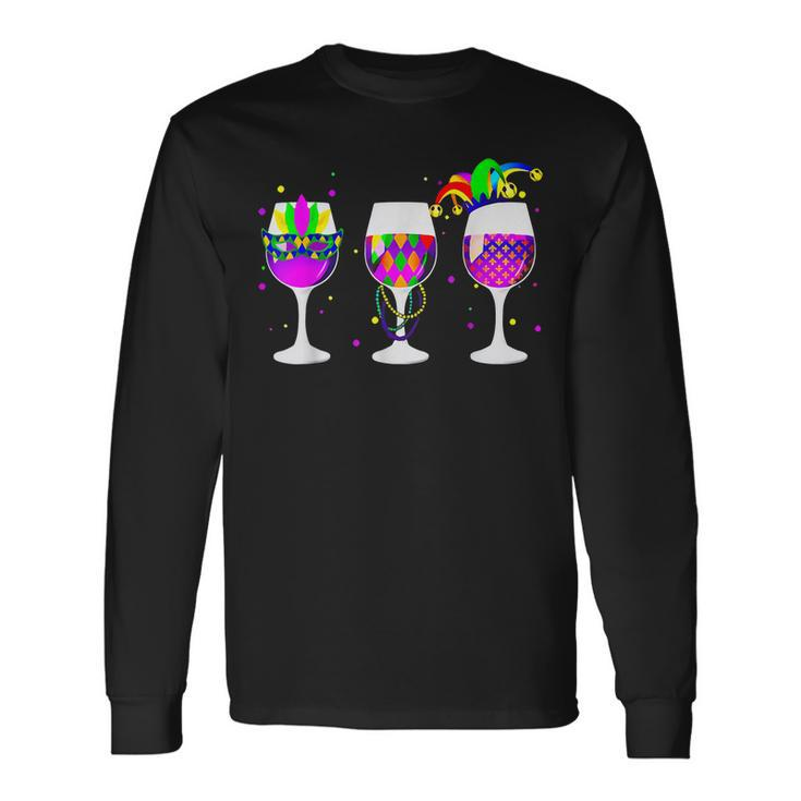 Mardi Gras Glass Of Wine Drinking Wine For Men Women Long Sleeve T-Shirt