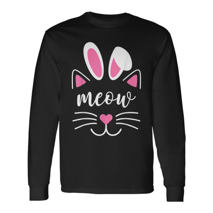 Meow Cat Face Easter Day Bunny Ears Cat Lover Long Sleeve T-Shirt T-Shirt