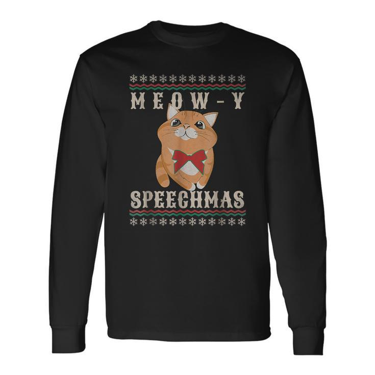 Meow-Y Speechmas Christmas Cat Funny Cat Love Pajama Xmas  Men Women Long Sleeve T-shirt Graphic Print Unisex