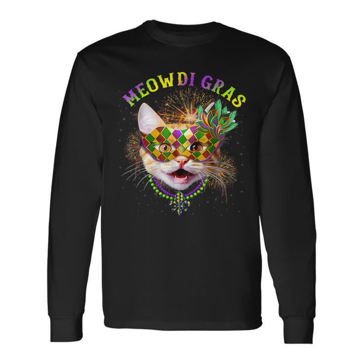 Meowdi Gras Kitten Cat Mask Beads Mardi Gras Carnival Long Sleeve T-Shirt
