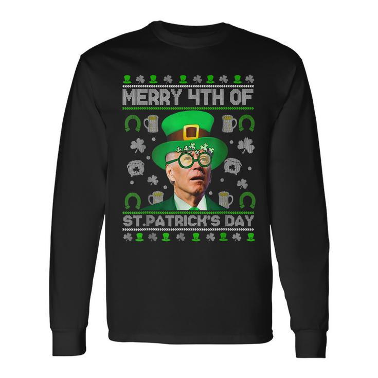 Merry 4Th Of St Patricks Day Joe Biden Leprechaun Hat Ugly Long Sleeve T-Shirt