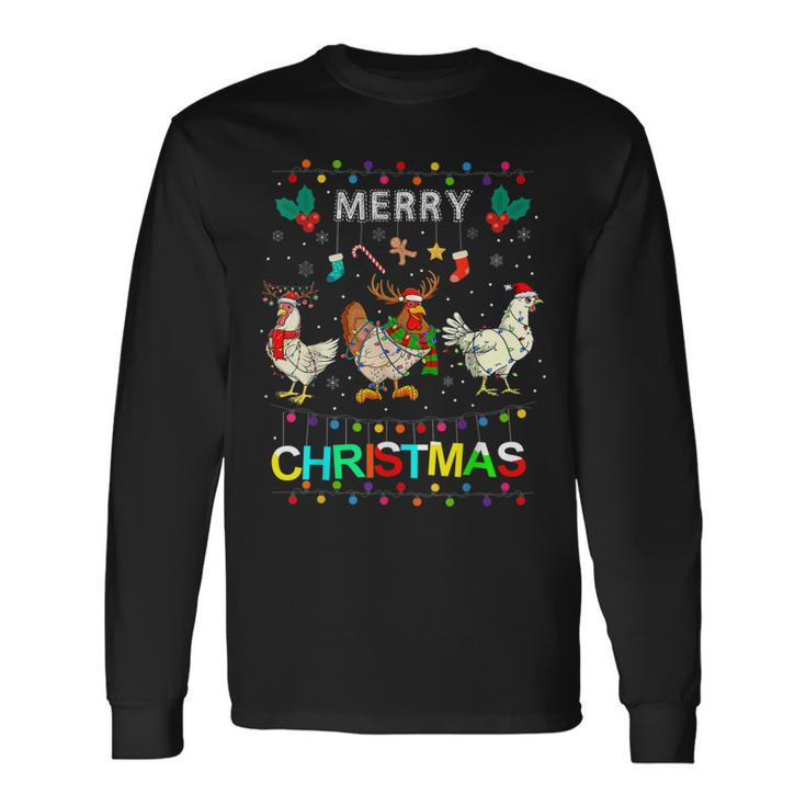 Merry Christmas Chicken Funny Christmas Lights Ugly Sweater  Men Women Long Sleeve T-shirt Graphic Print Unisex