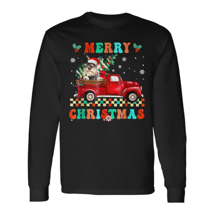 Merry Christmas Schnauzer Dog Riding Red Truck Xmas Tree  Men Women Long Sleeve T-shirt Graphic Print Unisex