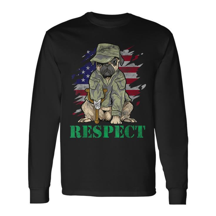 Military Pug Dog Veteran Us Army American Flag  Men Women Long Sleeve T-shirt Graphic Print Unisex