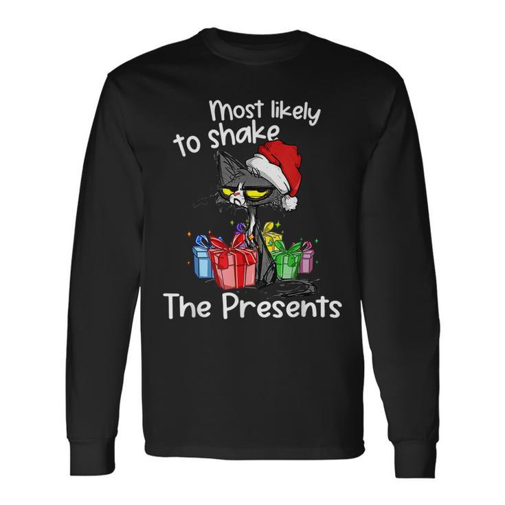 Most Likely To Shake The Presents Funny Cat Xmas Lights  Men Women Long Sleeve T-shirt Graphic Print Unisex
