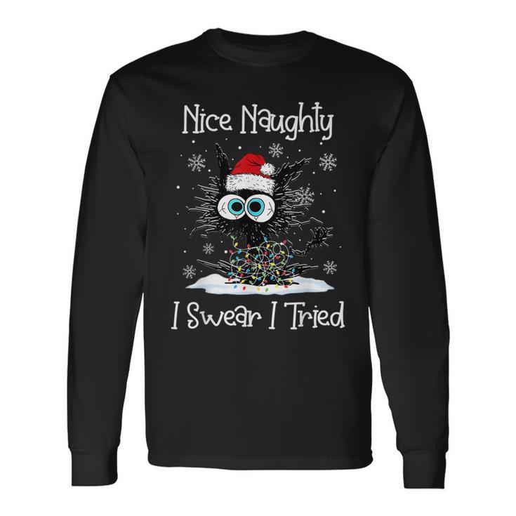 Nice Naughty I Swear I Tried Funny Black Cat Xmas Lights  Men Women Long Sleeve T-shirt Graphic Print Unisex