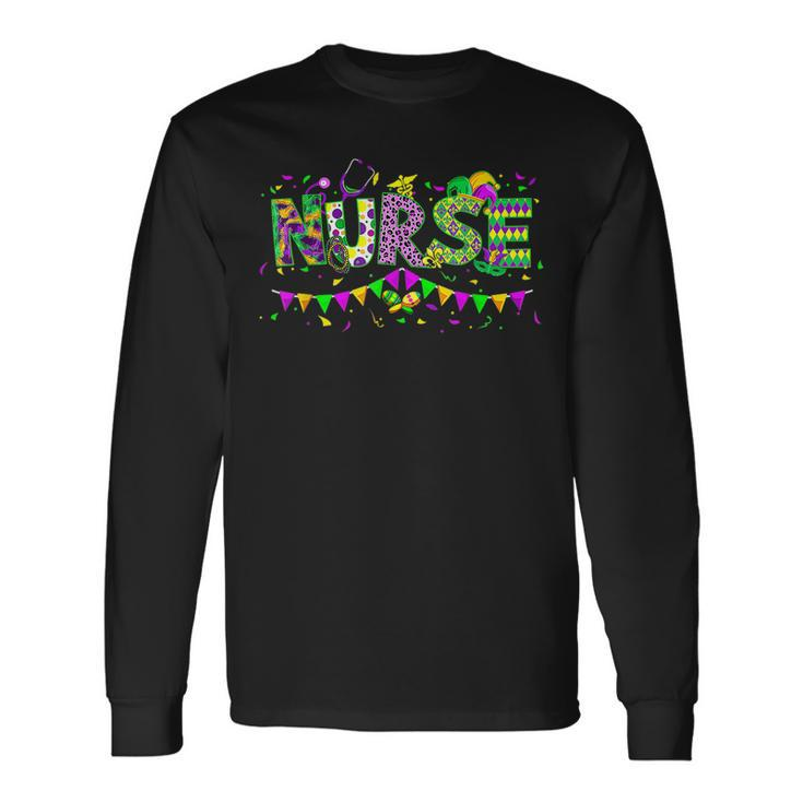 Nurse Mardi Gras Scrub Top Rn Icu Pacu Nicu Er Cna Women V2 Long Sleeve T-Shirt