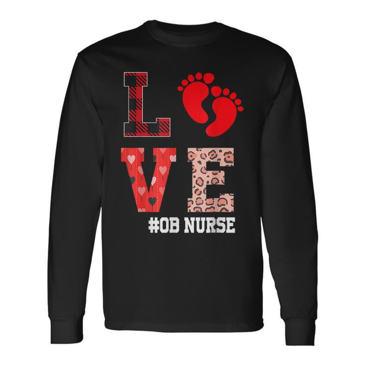 Ob Nurse Love Valentines Day Leopard Plaid Hearts Nursing  Men Women Long Sleeve T-shirt Graphic Print Unisex
