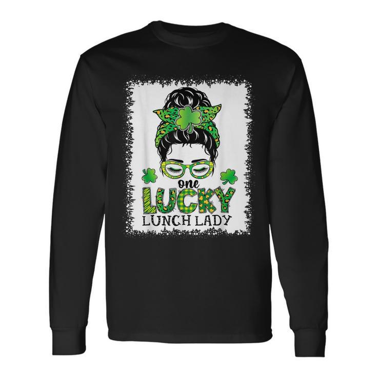 One Lucky Lunch Lady Bleached Messy Bun St Patricks Day Long Sleeve T-Shirt