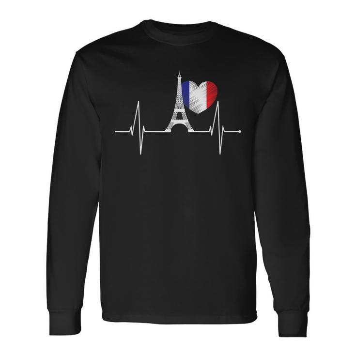 Paris Skyline Heartbeat French Flag Heart With Eiffel Tower  Men Women Long Sleeve T-shirt Graphic Print Unisex