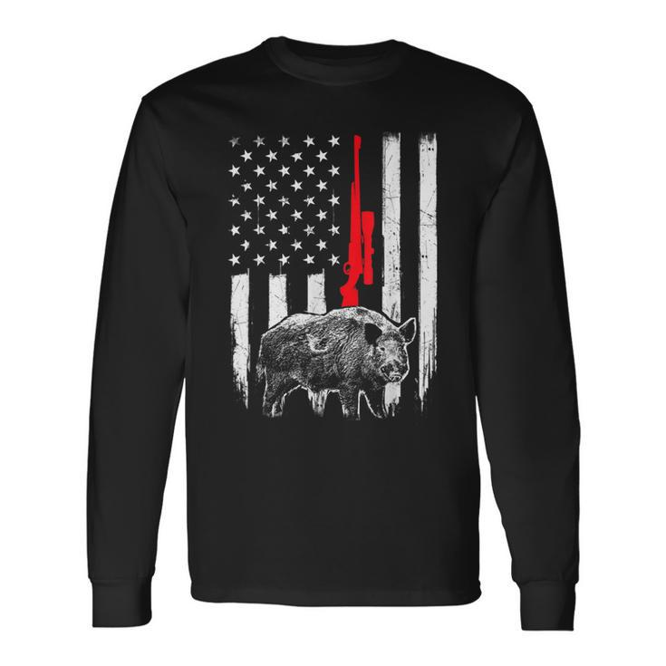 Patriotic American Usa Flag Boar Hunting Wild Hog Hunter Long Sleeve T-Shirt T-Shirt