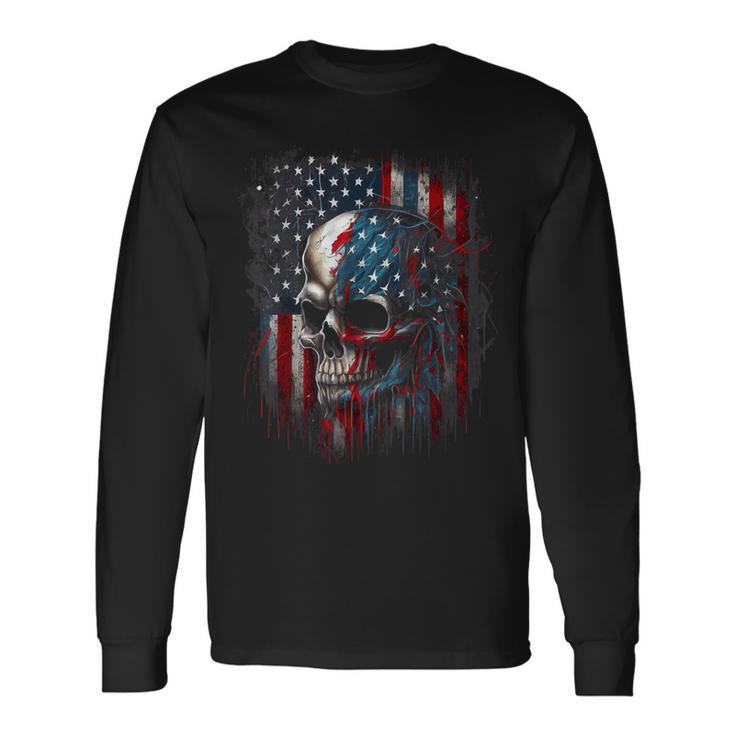 Patriotic Skull American Flag Graphic Long Sleeve T-Shirt T-Shirt