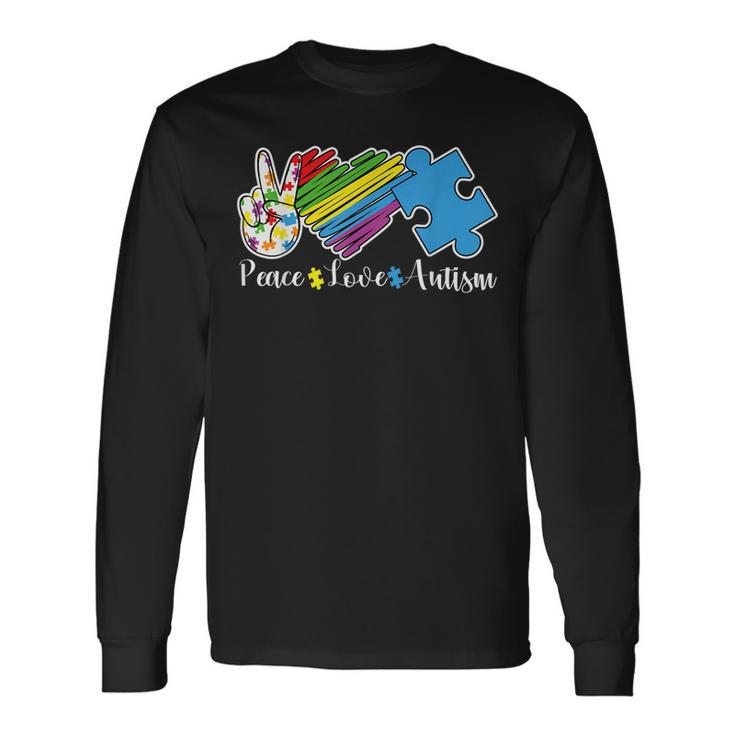 Peace Love Autism Puzzle In April We Wear Blue For Autism Long Sleeve T-Shirt T-Shirt