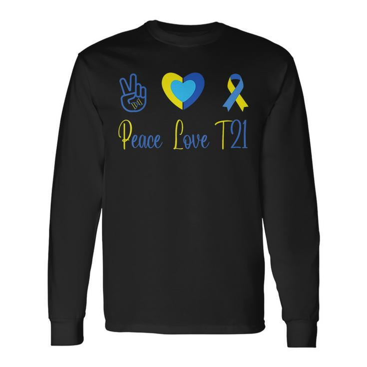 Peace Love T21 Blue Yellow World Down Syndrome Day 2023 Long Sleeve T-Shirt