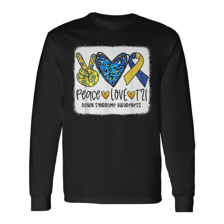 Peace Love T21 Cure Blue Yellow Down Syndrome Awareness Long Sleeve T-Shirt T-Shirt