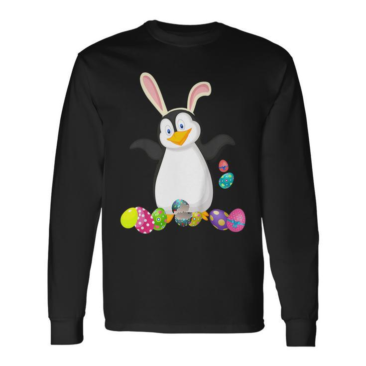 Penguin And Bunny Rabbit Hat Easter Eggs Happy Day T Shirt Long Sleeve T-Shirt