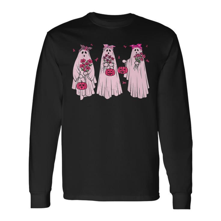Pink Ribbon Breast Cancer Awareness Ghost Women Halloween Men Women Long Sleeve T-Shirt T-shirt Graphic Print