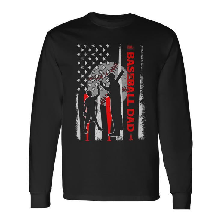 Proud Baseball Dad American Flag Fathers Day Long Sleeve T-Shirt