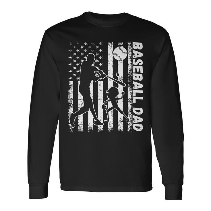 Proud Baseball Dad American Flag Sports Fathers Day Long Sleeve T-Shirt