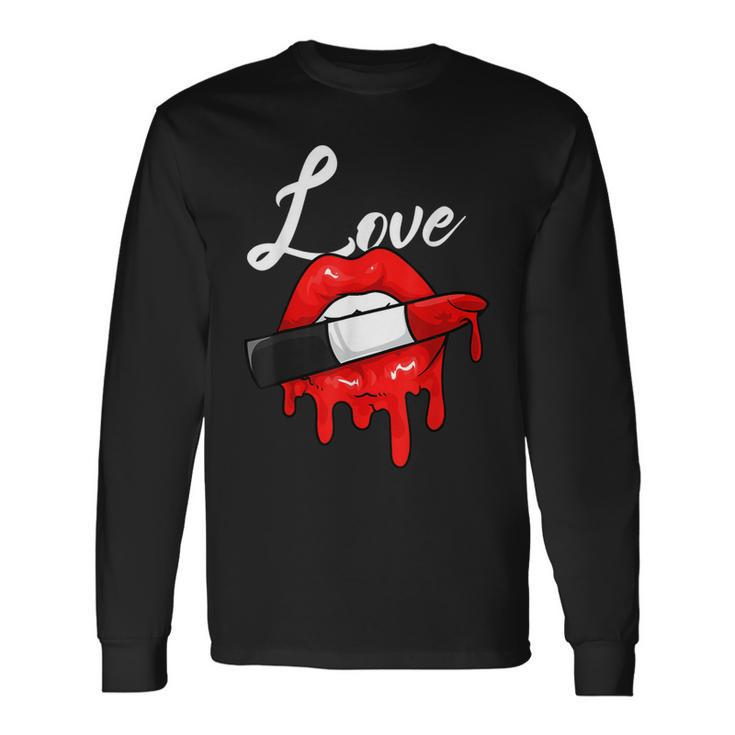Red Lipstick Lips Love Valentines Day Make Up Valentines Long Sleeve T-Shirt Gifts ideas