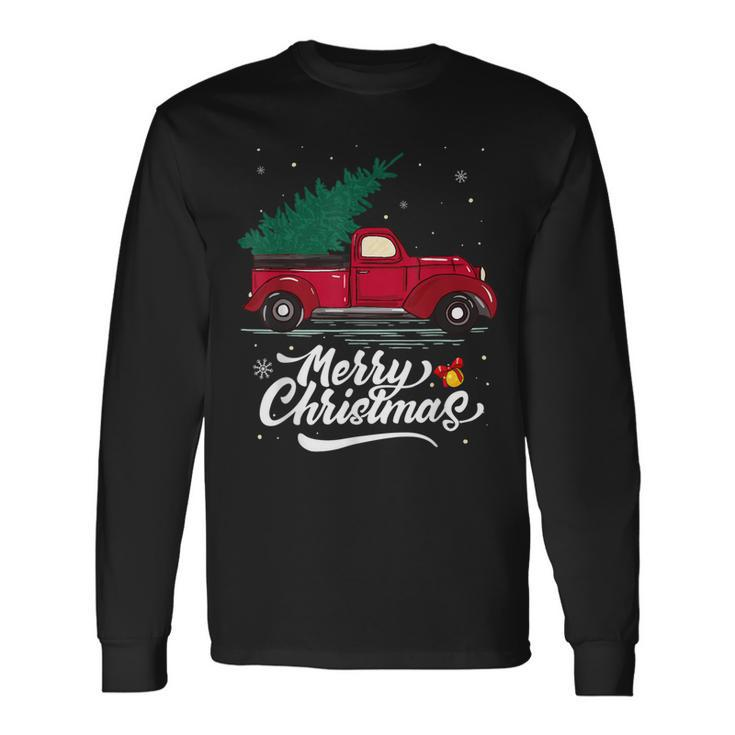 Red Truck Pick Up Christmas Tree Vintage Funny Xmas Holiday  Men Women Long Sleeve T-shirt Graphic Print Unisex