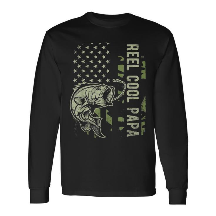 Reel Cool Papa Camouflage American Flag Fathers Day Long Sleeve T-Shirt