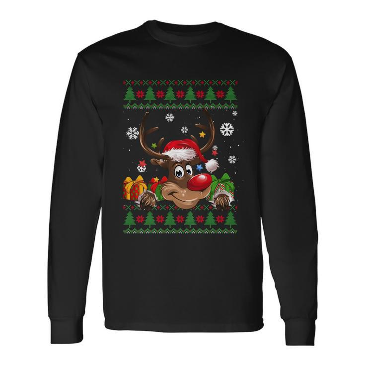 Reindeer Lovers Santa Hat Ugly Christmas Sweater Cool Long Sleeve T-Shirt