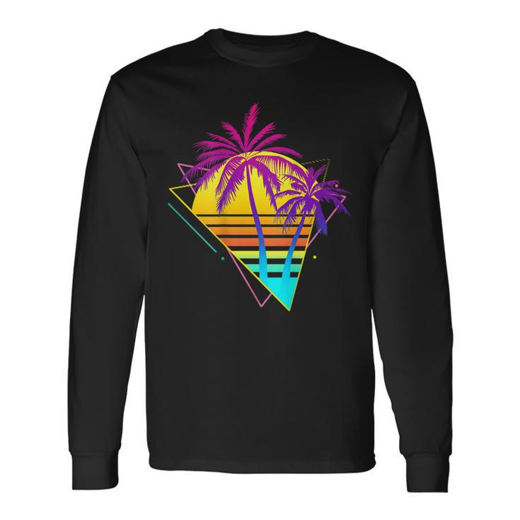 On Back Retro 80S 90S Vaporwave Tropical Sunset Palm Trees Long Sleeve T-Shirt T-Shirt