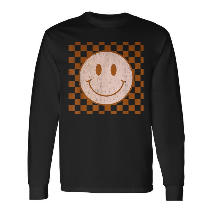 Retro Happy Face Smile Face Checkered Pattern Trendy Long Sleeve T-Shirt