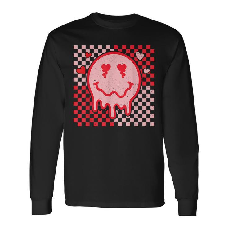 Retro Smile Face Checkered Valentine Heart Valentines Day Long Sleeve T-Shirt
