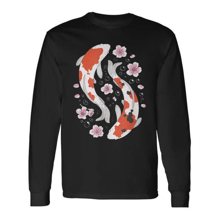 Retro Yin Yang Kawaii Japanese Koi Fish And Blossom Sakura Long Sleeve T-Shirt T-Shirt