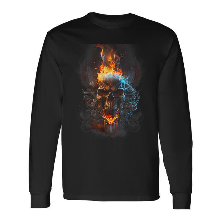 Revolution Riders Metal Skull Engine Flames Graphic Long Sleeve T-Shirt T-Shirt