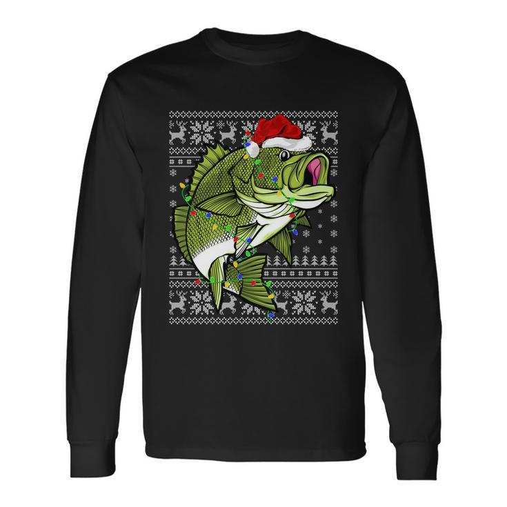 Santa Hat Bass Fish Xmas Lighting Ugly Bass Christmas Long Sleeve T-Shirt