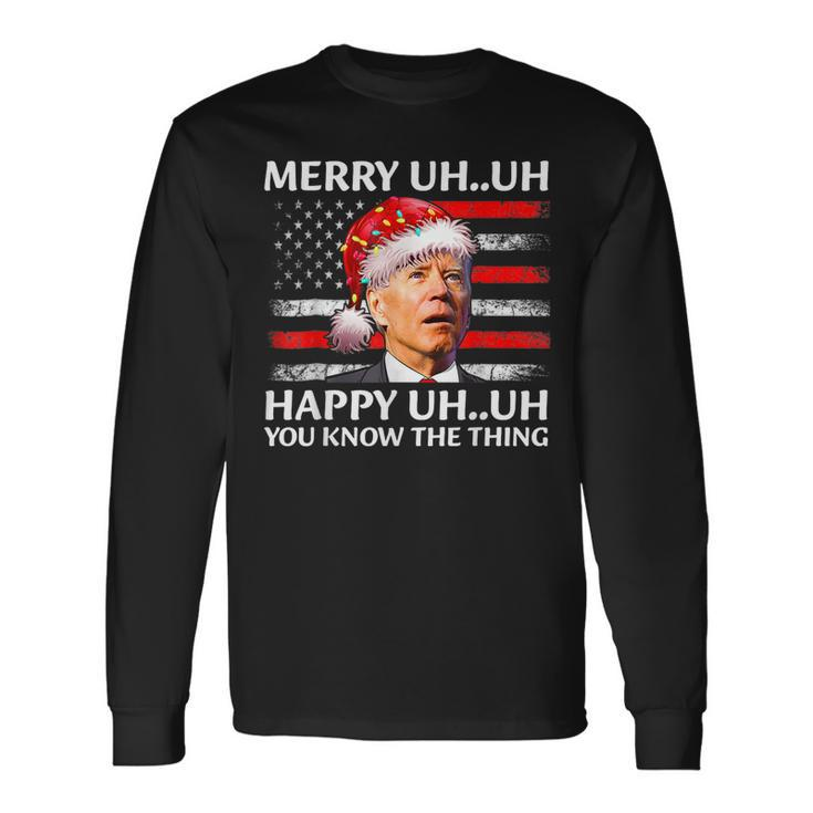 Santa Joe Biden Confused Merry Uh Uh Christmas America Flag  Men Women Long Sleeve T-shirt Graphic Print Unisex