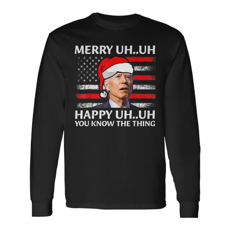 Santa Joe Biden Confused Merry Uh Uh Christmas America Flag  V3 Men Women Long Sleeve T-shirt Graphic Print Unisex