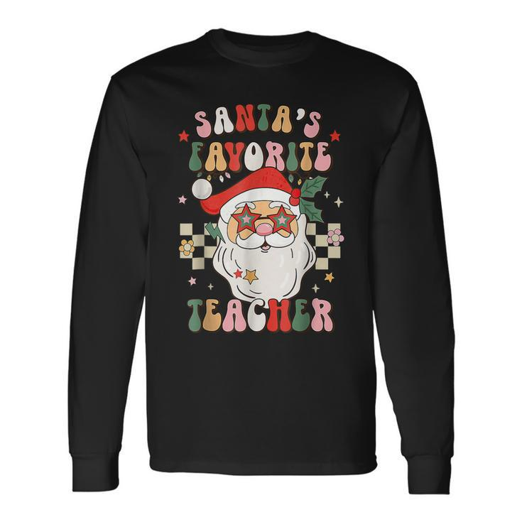 Santas Favorite Teacher Groovy Retro Christmas 70S 80S Xmas  Men Women Long Sleeve T-shirt Graphic Print Unisex