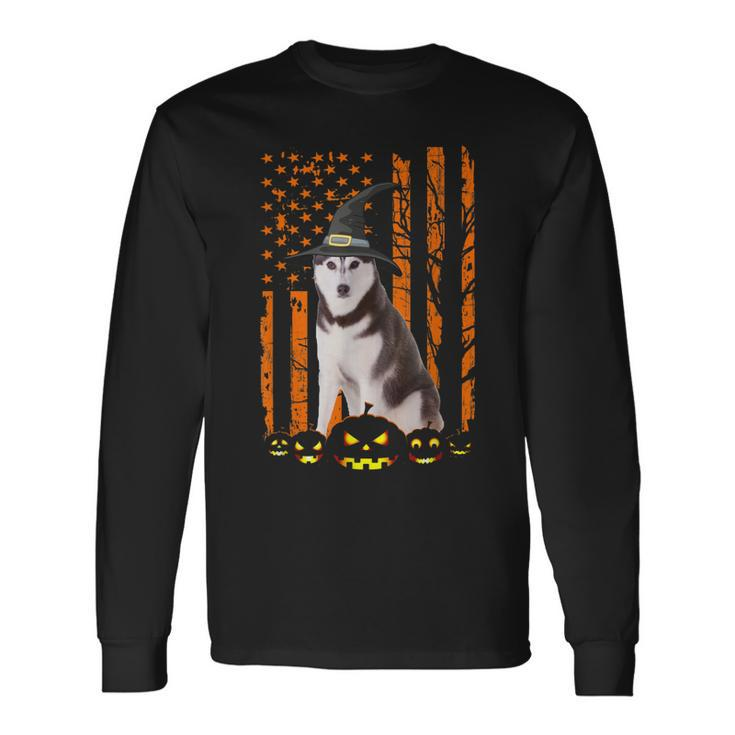 Siberian Husky Dog Pumpkin American Flag Witch Halloween Men Women Long Sleeve T-Shirt T-shirt Graphic Print