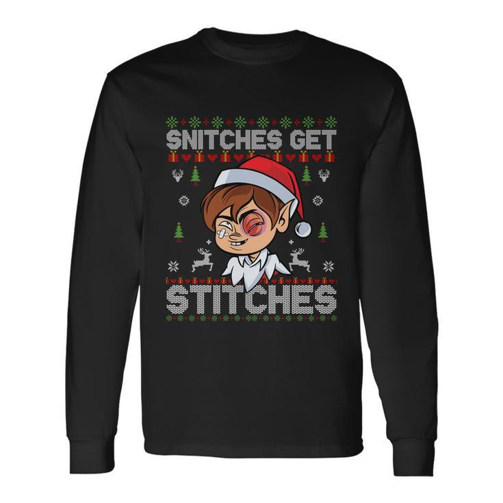 Snitches Get Stitches Elf Xmas Vintage Retro Santa Hat Long Sleeve T-Shirt