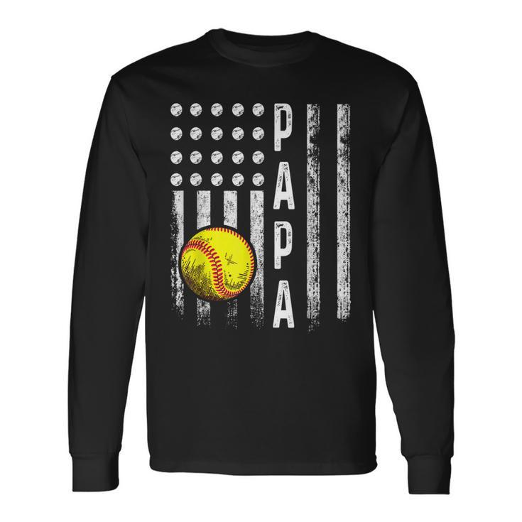 Softball Papa American Flag Vintage Softball Lovers Long Sleeve T-Shirt