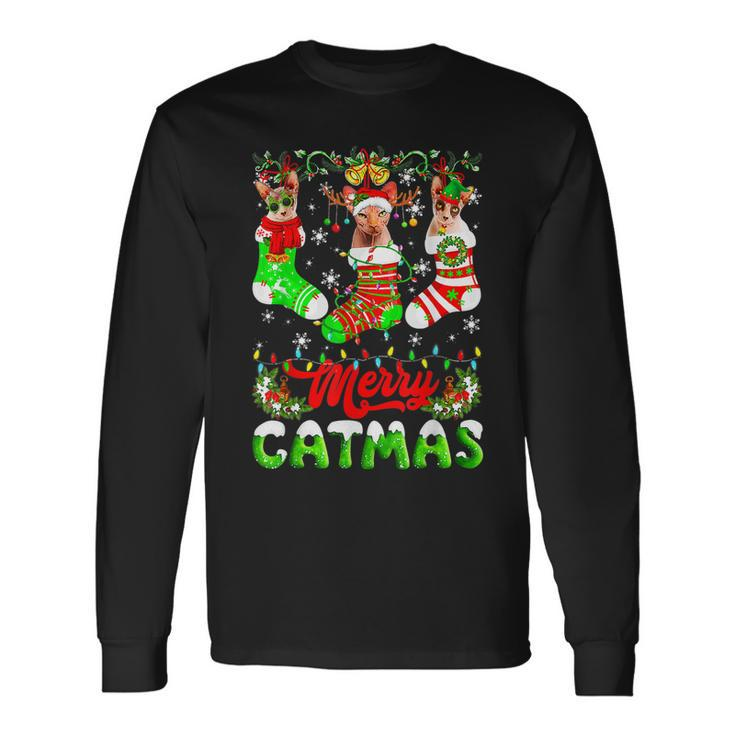 Sphynx Cat Christmas Santa Hat Scarf Holiday Cute  Men Women Long Sleeve T-shirt Graphic Print Unisex