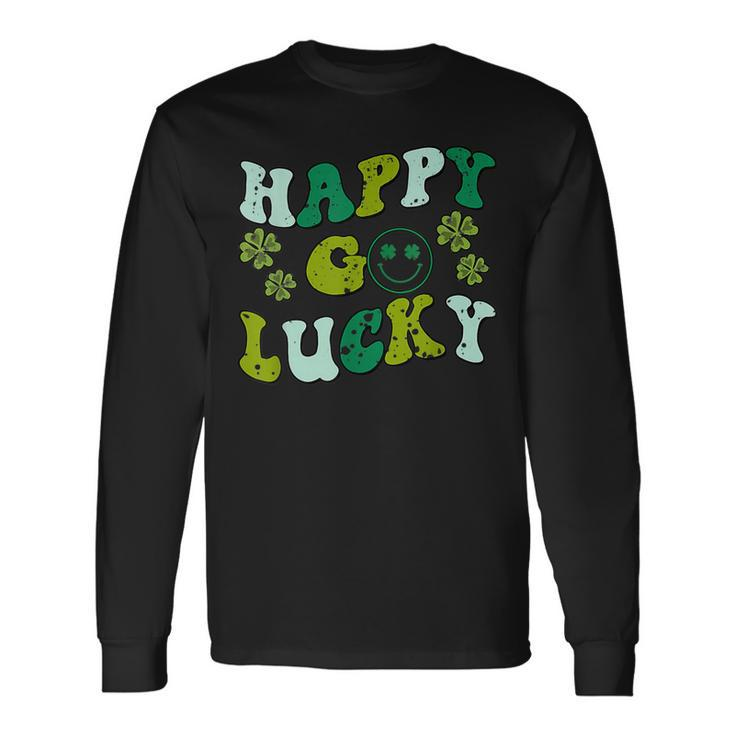 St Patricks Day Happy Go Lucky Shamrock Irish Retro Groovy Long Sleeve T-Shirt - Thegiftio