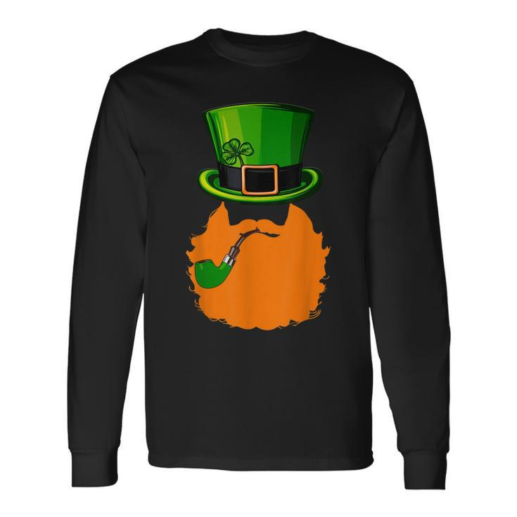 St Patricks Day Leprechaun Face Beard Shamrock Men Long Sleeve T-Shirt