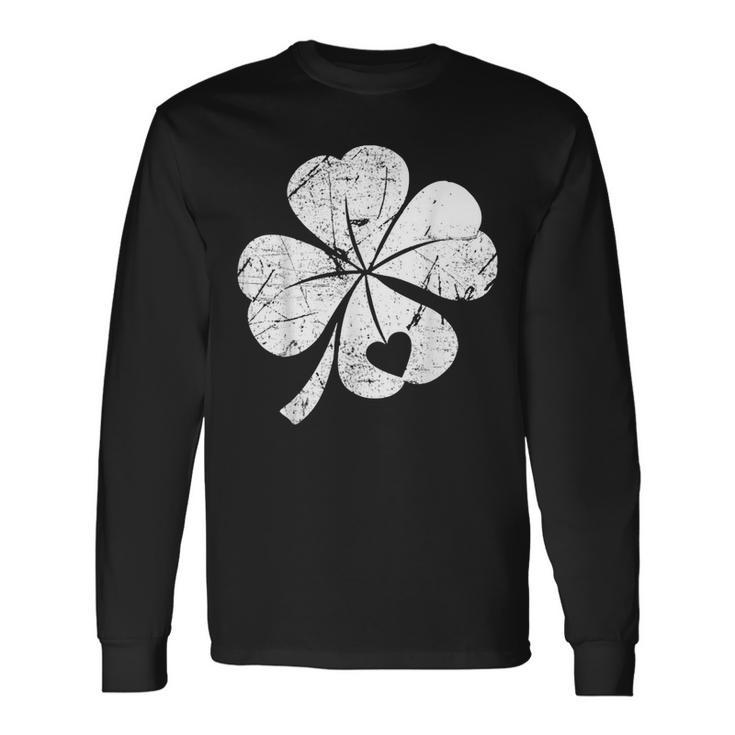 St Patricks Day Lucky Four Leaf Irish Shamrock With Heart Long Sleeve T-Shirt