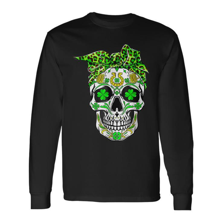Sugar Skull St Patricks Day Of The Dead Women Men Leprechaun Long Sleeve T-Shirt
