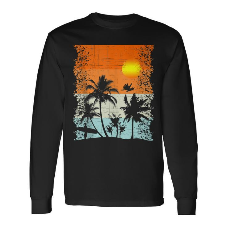 Summer Vacation Surfers At Beach Palm Trees Retro Vintage Long Sleeve T-Shirt